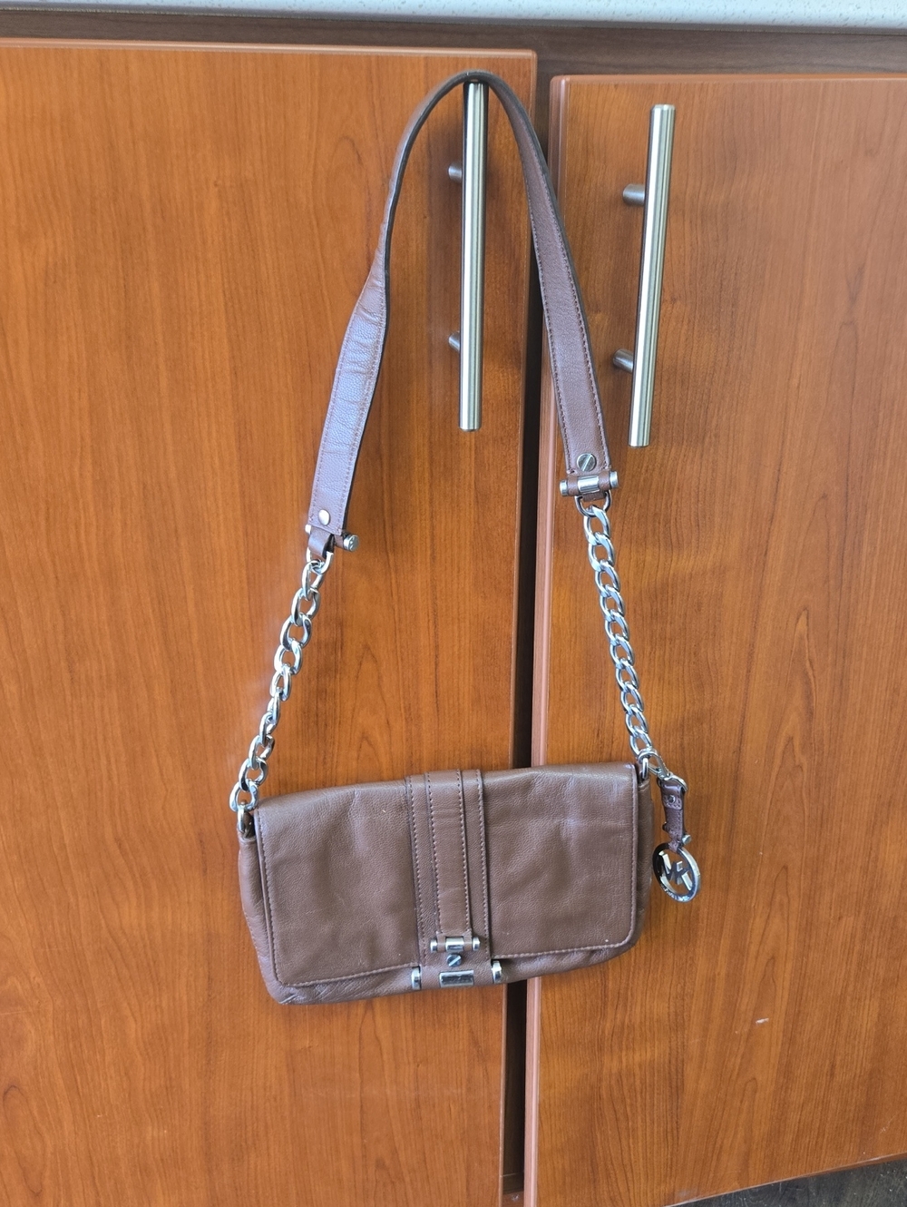 Michael Kors Brown Leather Shoulder Bag with Silver Chain